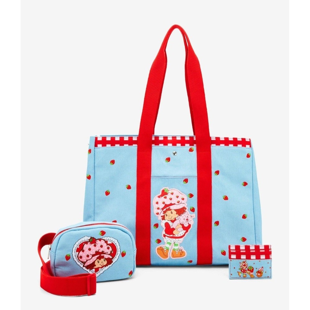 NEW Strawberry Shortcake Embroidered Denim Belt Fanny Pack & WALLET &‎ TOTE Bag!